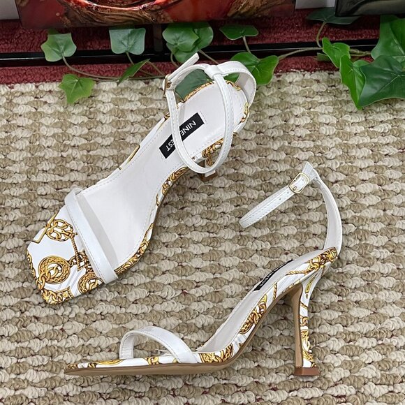 NINE WEST Yess Square Toe Tapered Heel Dress Sandals in White Chain Multi Size 6 - Picture 1 of 11